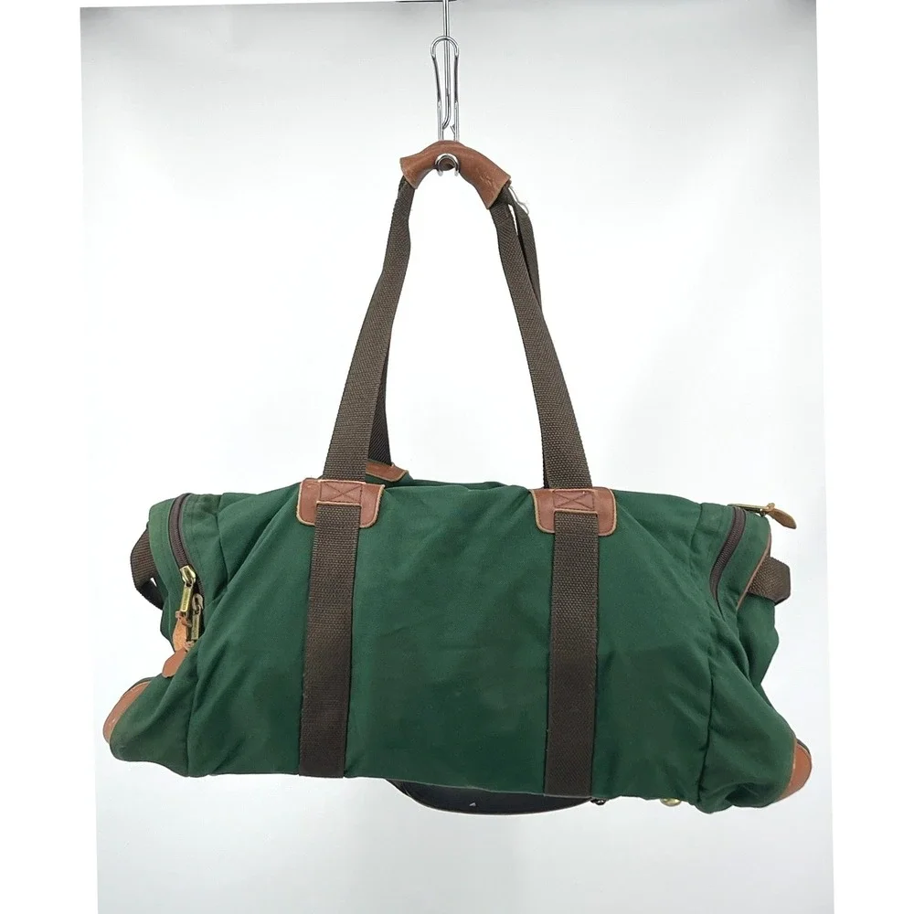 Vintage LL Bean Duffle Bag Green Canvas Leather Trim Weekender